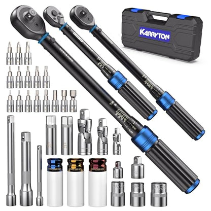 35pc Torque Wrench Set 1/4 3/8 1/2-Inch Drive, CR-MO/72-Tooth/Dual Scale ±3% Accuracy Click Torque Wrenches w/Adapters for Auto, Bike, Motor