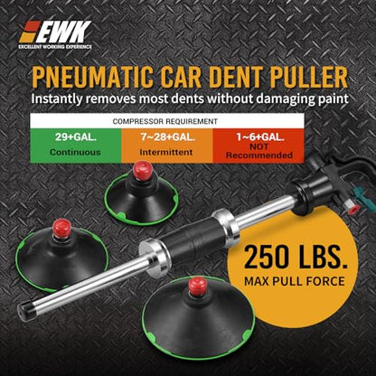 EWK Pneumatic Car Dent Puller Kit, Air Compressor Suction Cup Dent Puller with 75mm 100mm 125mm Cups, Slide Hammer Paintless Dent Removal Tool for Auto Body Repair