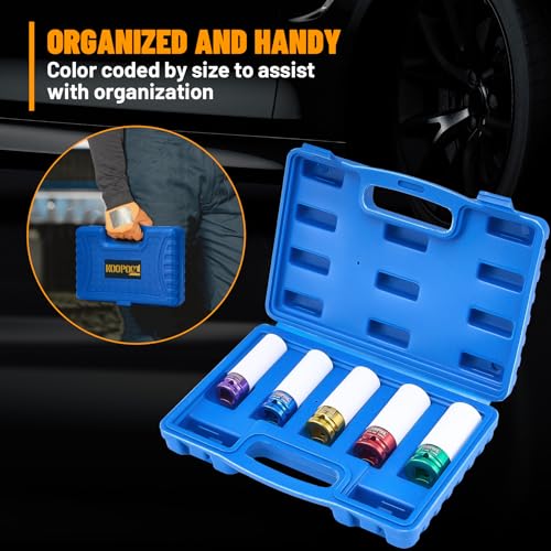 KOOPOOL 1/2" 5-Pc Lug Nut Socket Set 15-22mm Thin Wall w/Sleeve | 5-pc metric 15-22mm lug nut socket set. Non-scratch nylon sleeve. Cr-Mo steel, color electroplate. Thin wall, color-coded - color: Blue