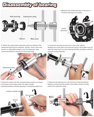 Bike Hub Bearing Removal Tool – Expanding Collet Puller with Thrust Bearing for Hub & Freehub Service, Compatible with 6–20 mm Inner and 14–39 mm Outer Bearings