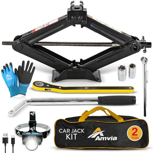 Car Jack Kit 2 Ton Scissor Jack with Lug Wrench Auto Tire Change Tool | Portable emergency kit, Cars & SUVs, Spare tire changing, LED headlamp, Tire pressure gauge, Work gloves - size: Car Jack Kit 2 Ton + Lug Wrench
