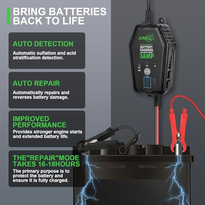 3A 6V/12V Smart Battery Charger Maintainer Fully Automatic Trickle Charger with Waterproof Desulfation for Cars, Motorcycles, Boats, LawnMowers-Compatible with Lead-Acid, LithiumLiFePO4 Batteries