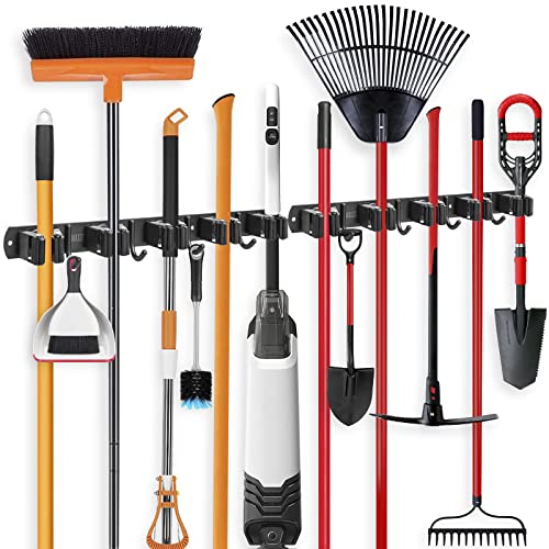 IMILLET 2 Pack Broom and Mop Holder Wall Mounted, Broom Holder Stainless Steel Broom Organizer Heavy Duty Tools Organizer Self Adhesive for Laundry Room Garage Garden（5 Racks and 4 Hooks） - color: 5 Racks with 4 Hooks, size: 2 Pack