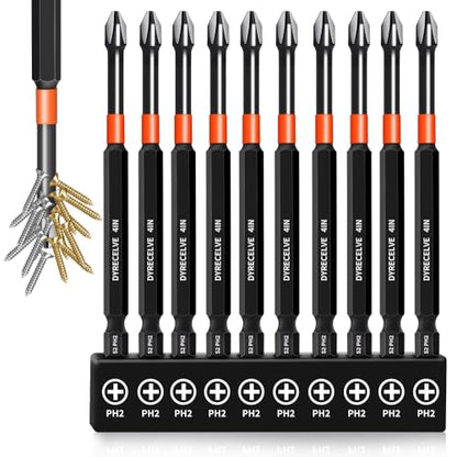 DYRECELVE 10-Piece Phillips Bits #2 Impact, 4-Inch Long Screwdriver Bits | Magnetic PH2 Phillips Head Drill Bits, S2 Steel, 1/4" Hex Shank for Impact Drivers and Tight-Reach Repairs - color: 4'' Ph2 10-pcs