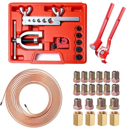 25FT 3/16'' The Latest Copper Coated Brake Line Kit with 16 Fittings and 4 Unions Brake Line Fittings+Tube Bender+Double & Single Flaring Tool Kit for Most Hydraulic Braking Systems - size: 3/16" Brake Lines