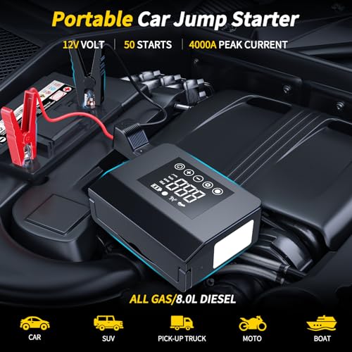 4000A Jump Starter with Air Compressor, 150PSI 12V Smart Portable Car Jump Starter(All Gas/8.0L Diesel), 15000mAh Power Bank & Jumper Cables, LED Light,Type-C Quick Charge