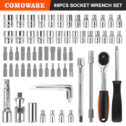 COMOWARE 69pcs Small Socket Set (1/4'' & 3/8''), Father Day Gift, Metric & Standard Socket Wrench Set, Ratchet Wrenches Set with Extension Bar, 72T Ratchet Wrench, Ratchet Sets for Auto Repairing - size: 69 PCS