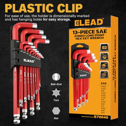 ELEAD Jumbo Hex Key Allen Wrench Set | 13-Piece SAE 5/64"-3/4" | Long Ball End Durable S2 | 4" - 13.5" Long | Automotive | Mechanic | Furniture | Professional Grade Tools - style: 13PCS Jumbo SAE