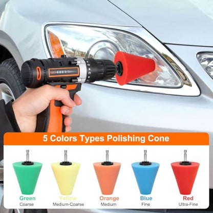 Linkstyle Car Wheel Drill Polishing Pads Kit, 5PCS Foam Buffing Cone, 3PCS Drill Brush Cleaning Attachments, 1/4" Hex Extension Holder, for Car Rims, Exhaust Tips, Metal, Motorcycle