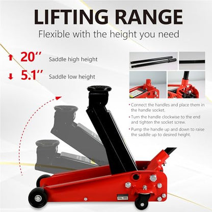 3T Low Profile Steel Floor Jack, 6000 lb, Single Pump, 5.1"-20" Lift, Red | Heavy-duty steel construction. Single piston quick lift pump. Low profile design. Safety overload protection. - size: 3T Single Pump 5.1"-20"(Red)