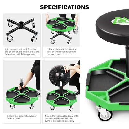 PM PERFORMOTOR Adjustable Height Pneumatic Garage Seat Rolling Mechanic Stool with Tool Tray Storage,300lbs Max Weight Capacity, Green,PM-TOL-ATS-GR - color: Green