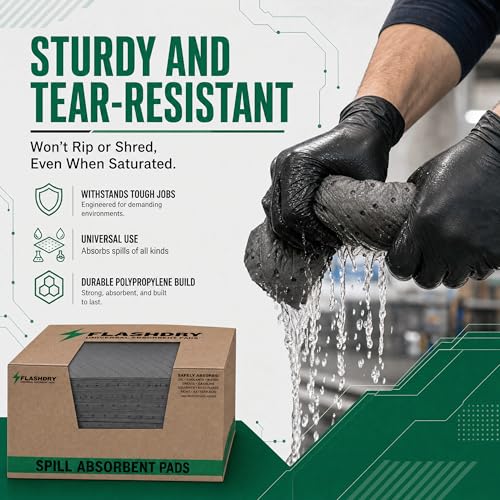 FLASHDRY Universal Spill Absorbent Pads, 17.5" x 13.5", 100-Count | Absorbs Oil, Grease, Coolant & Solvents, for Garages, Warehouses, Factories & Industrial Facilities, Comes in Dispener Box - size: 100 Pads - 2mm
