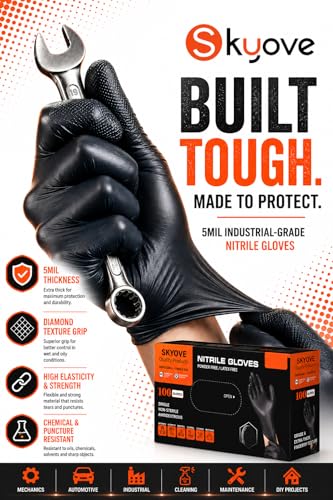 SKYOVE 5 Mil Black Nitrile Gloves Disposable 100 Count Heavy Duty Industrial Grade Textured Grip Latex Free Powder Free - size: Medium