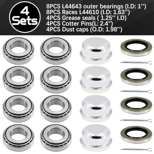 4 Sets L44643 Bearing Kit for 1 inch Axles Trailer Wheel Hub, with 12192TB Seal OD 1.980'', Dust Cover and Cotter Pin, Rotary Quiet High Speed and Durable