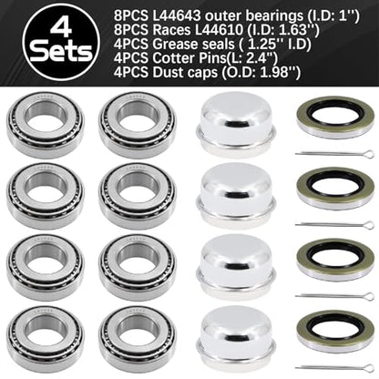 4 Sets L44643 Bearing Kit for 1 inch Axles Trailer Wheel Hub, with 12192TB Seal OD 1.980'', Dust Cover and Cotter Pin, Rotary Quiet High Speed and Durable