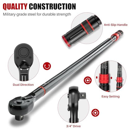 3/4" Drive Click Torque Wrench 100-700Ft.Lb for Truck,HD Vehicles | Inch Pound Torque Wrench(136-949Nm),Dual-Direction Adjustable 48T, 3% Accuracy for Tractor,Combines,Farm Industrial Equipment - size: 3/4"DR. 100~700 FT-LB