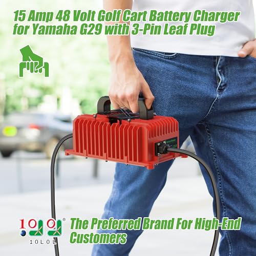 10L0L 48V 15A Golf Cart Battery Charger for Yamaha G29 Drive & Drive 2, 3-Pin Leaf Plug, Smart Charger for 48V Lead-Acid, Lithium and LiFeP04 Batteries, IP67 Waterproof - Red - color: Red