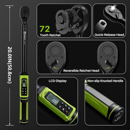 Digital Torque Wrench 1/2" Drive-2.2-147.5Ft.Lb for Car Motorcycle | Electronic Torque Wrench(3-200N.m) ,Vibration Buzzer LED Indicator,±2% Accuracy Five Units for Bike Auto Truck Repair DIY - size: 1/2" 2.2-147.5Ft.Lb