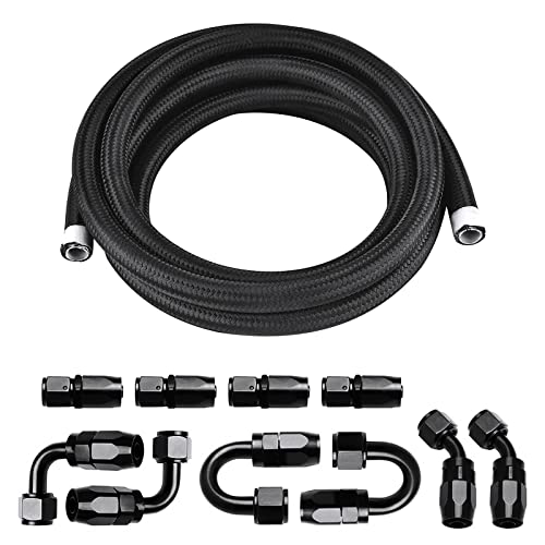 6AN 10FT PTFE Fuel Line Fitting Kit, E85 Nylon Braided Fuel Hose with 10PCS Aluminum Swivel Fuel Hose Fitting Adapter Kit - Black - color: Black, size: 6AN Fitting+10Ft Hose
