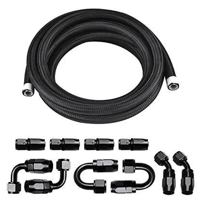 6AN 10FT PTFE Fuel Line Fitting Kit, E85 Nylon Braided Fuel Hose with 10PCS Aluminum Swivel Fuel Hose Fitting Adapter Kit - Black - color: Black, size: 6AN Fitting+10Ft Hose