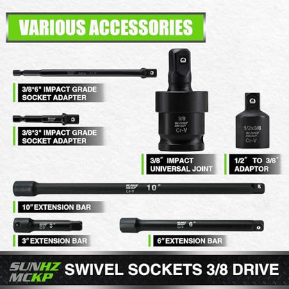 SUNHZMCKP 3/8" Drive Impact Socket Set, 52 Pcs Standard SAE (5/16-3/4 inch) and Metric (8-22mm) Shallow & Deep 6 Point Sockets, 3/8-In Ratchet Handle, Extension Bars, Adapters, Universal Joint, CR-V - size: 52-Pc 3/8" Drive Impact Socket Set