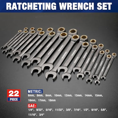 WORKPRO 22-Piece Ratcheting Wrench Set, Ratchet Combination Wrench Sets with Organizer Box, Nickel Plating, 72 Teeth, Metric 6-18mm & SAE 1/4-3/4" - style: Regular & Nickel Plating