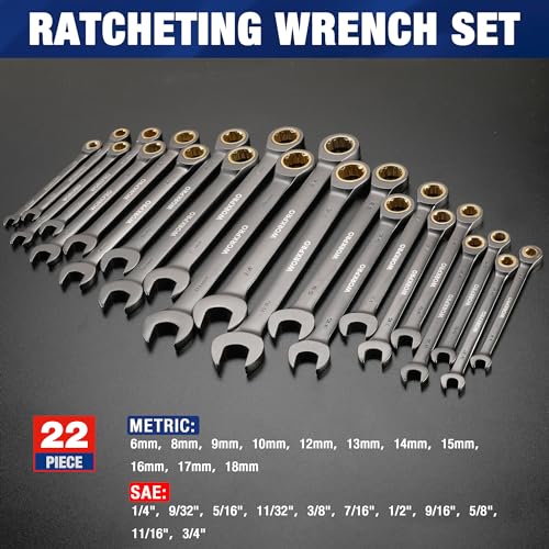 WORKPRO 22-Piece Ratcheting Wrench Set, Ratchet Combination Wrench Sets with Organizer Box, Nickel Plating, 72 Teeth, Metric 6-18mm & SAE 1/4-3/4" - style: Regular & Nickel Plating
