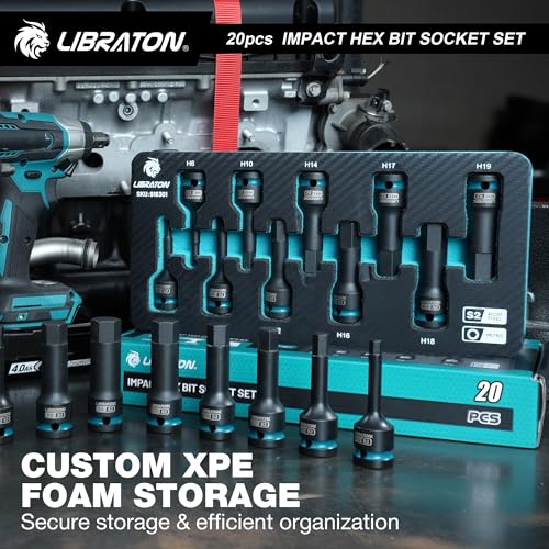 LIBRATON Impact Hex Bit Socket Set, 1/2" Dr, S2 Steel, Metric & SAE 20PCS (H5-H19 & 1/4"-3/4") High Torque Sockets for Professional Mechanics & Automotive Repair (XPE Storage Cases) - style: Metric & SAE