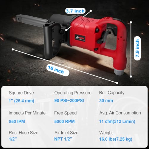 1 Inch Air Impact Wrench, Up to 3000ft-lbs Torque, 5000RPM 1'' Impact Gun | 16 lbs Lightweight Pneumatic Impact Wrench with 6 Inch Extended Anvil & 2 D Handles, 1/2'' Air Inlet for Heavy Duty Repairs - size: 1 Inch | 3000 ft-lbs w/6" Extended Anvil
