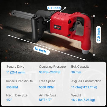 1 Inch Air Impact Wrench, Up to 3000ft-lbs Torque, 5000RPM 1'' Impact Gun | 16 lbs Lightweight Pneumatic Impact Wrench with 6 Inch Extended Anvil & 2 D Handles, 1/2'' Air Inlet for Heavy Duty Repairs - size: 1 Inch | 3000 ft-lbs w/6" Extended Anvil