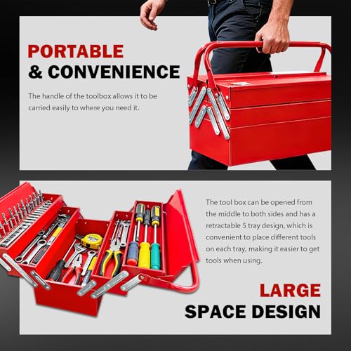 YATOINTO Metal Cantilever Tool Box 18 Inch, 3 Layers 5 Tray Portable Fold Out Tool Box Organizer Storage for Home Studio Auto Repair Factory 18" * 8 "* 8"
