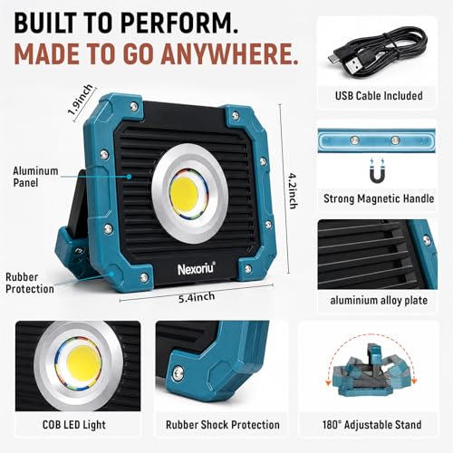 Hands-Free Magnetic LED Work Light Rechargeable, 1200LM Super Bright Light | IP66 Waterproof COB Mechanics Light with Strong Magnet & 180° Stand for Car Repair, Garage, Job Site & Power Outage