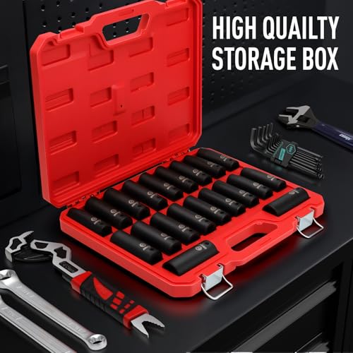 DISEN 20PCS 1/2" Impact Socket Set, Deep Sockets SAE 13/16"-3/8" & Metric 10-24mm, 6-Point Cr-V & Alloy Steel, 1/2 Inches Drive Impact Socket Set,Rugged Construction, Enhanced Storage Case - style: 1/2“ 20PCS Deep