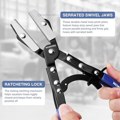 WORKPRO 10" Ratcheting Hose Pinch Off Pliers, Locking Hose Pinch Pliers for Automotive Hose Lines, Radiator Lines, Fuel Lines, Coolant Lines - color: Blue