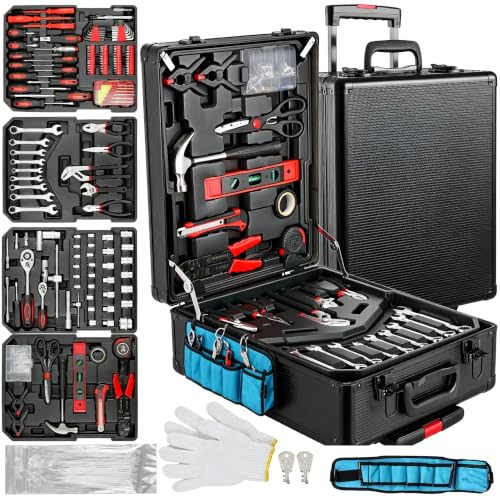 Arcwares 799pcs Aluminum Trolley Case Tool Set Silver, House Repair Kit Set, Household Hand Tool Set, with Tool Belt,Gift on Father's Day (Black)