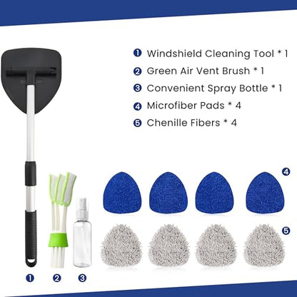 Windshield Cleaner Tool with 180° Rotating Head, Car Window Cleaner Tool with Extendable Handle and 4 Reusable Microfiber Pads, Car Windshield Cleaning Brush for Effortless and Efficient Cleaning