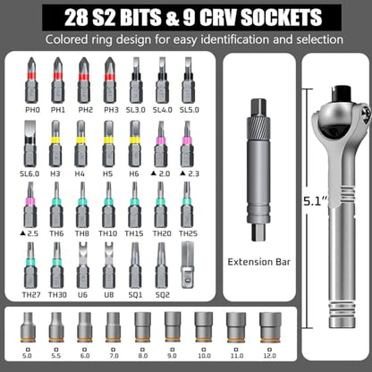40 in 1 Ratchet Screwdriver Set, 60-Tooth Magnetic Ratcheting Screwdriver Set with 180° Rotating Ratchet Head for DIY Project, Home Repair & Furniture