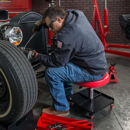 Big RED Rolling Mechanic Stool with Tool Tray, Pneumatic Garage Seat, Adjustable Height Form 17"-22",Storage Workshop Chair for Auto Repair