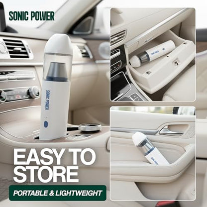 SonicPower Portable Cordless Car Vacuum, 15000Pa High Suction Handheld Vacuum Cleaner, 2-in-1 Vacuum & Blower, with 4 Attachments & Portable Storage Bag for Car, Home, Pet & Office (White & Blue) | Rechargeable Mini Handheld Vacuum with Attachments, Model