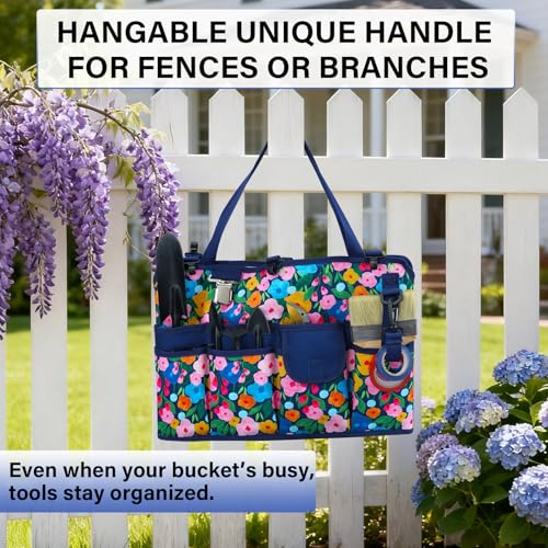 KUNN 18-Pocket Bucket Tool Organizer | Heavy-Duty 5 Gallon Bucket Caddy with Hangable Handle | Gardening Tool Bag & Garden Caddy Accessory for Gardeners, Blue - style: Blue Bloom
