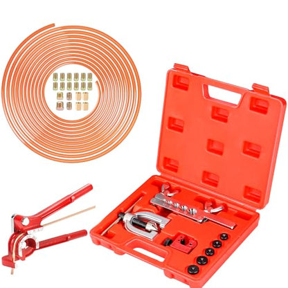 Brake Line Kit, 1/4" Brake Line Flaring Tool Kit, Copper Coated Brake Line (With 16 Fittings and 4 Threads Unions) and Double & Single Flare Tool (With Tube Cutter And 5 Adapters) + Tube Bender - size: 1/4" Brake Line With Bender