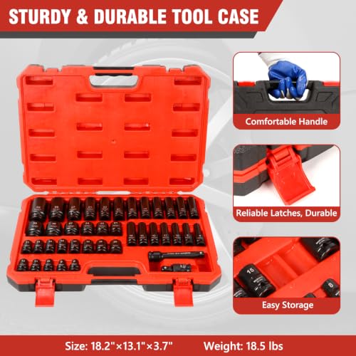 1/2" Impact Socket Set 40PCS, Metric Shallow & Deep 8-32mm | CR-MO Steel,6-Point Design,includes Extension Bars & U-Joint. Ideal heavy-duty kit for car and truck lug nut repair - size: 1/2" |Metric| 40-PCS |Shallow & Deep