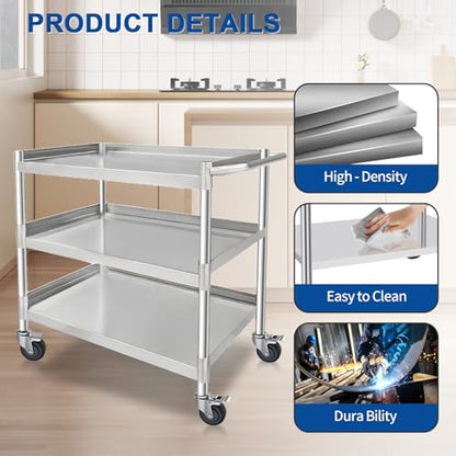 3-Shelf Stainless Steel Rolling Utility Cart - Heavy-Duty Metal Mobile Storage with Handle & Locking Wheels - Ideal for Kitchen, Medical, Lab, Restaurant & Home Use (16''x24''x34'') - size: 16''x24''x34''