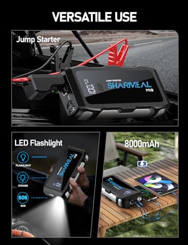Sharmeal Jump Starter 7000A, 12V Car Battery Jump Starter with USB Quick Charge (Up to All Gas or 12.0L Diesel Engine), Battery Booster with 3 Modes Flashlight and Jumper Cable - color: Black-7000A+Charger Block