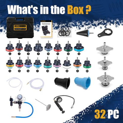 32pcs Universal Radiator Pressure Tester Kit, Tester Pneumatic Vacuum Cooling System Purge Refill Leak/Refiller Set, Universal Automotive Domestic/Import Vehicles, Motorcycle - size: 32PC