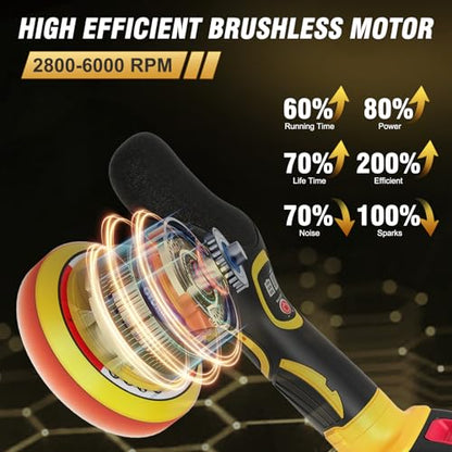 Cordless Car Buffer Polisher, 8-Speed 6000RPM Car Polisher with 2pcs 2.0Ah 21V Batteries, 6 In LED Display Car Buffers and Polishers Kit for Car Detailing, Waxing, Polishing & Scratch Removal