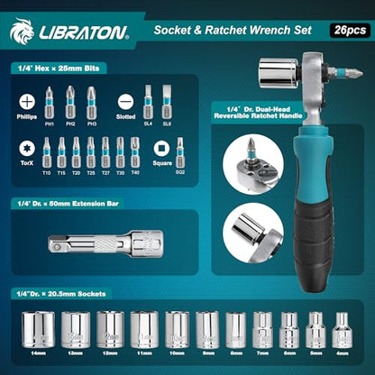 LIBRATON 26PCS 1/4" Drive Mini Socket & Ratchet Wrench Set with Bits, 4-14mm Metric Shallow Sockets, Mini Ratchet Set, Screwdriver Bit Set, Extension Bar, with Storage Case for DIY, Auto Repair