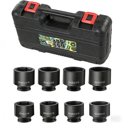 3/4 Inch Drive Impact Jumbo Socket Set,Spindle Axle Nut Impact Socket Set,6-Point,SAE(2-1/16" to 2-1/2"),8 Pcs,Cr-MO Steel,With a Storage Case