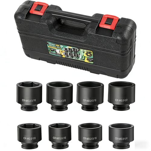 3/4 Inch Drive Impact Jumbo Socket Set,Spindle Axle Nut Impact Socket Set,6-Point,SAE(2-1/16" to 2-1/2"),8 Pcs,Cr-MO Steel,With a Storage Case