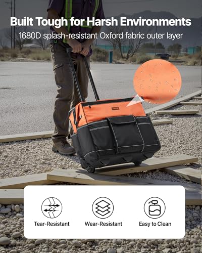 VEVOR 20" Rolling Tool Bag, 110 lbs Load Capacity, 27 Pockets Heavy Duty Roller Tool Bag on Wheels, Adjustable Telescoping Handle & Stable Base, Toolbag Organizers w/Wheels for Construction, Mechanic - size: 20 in